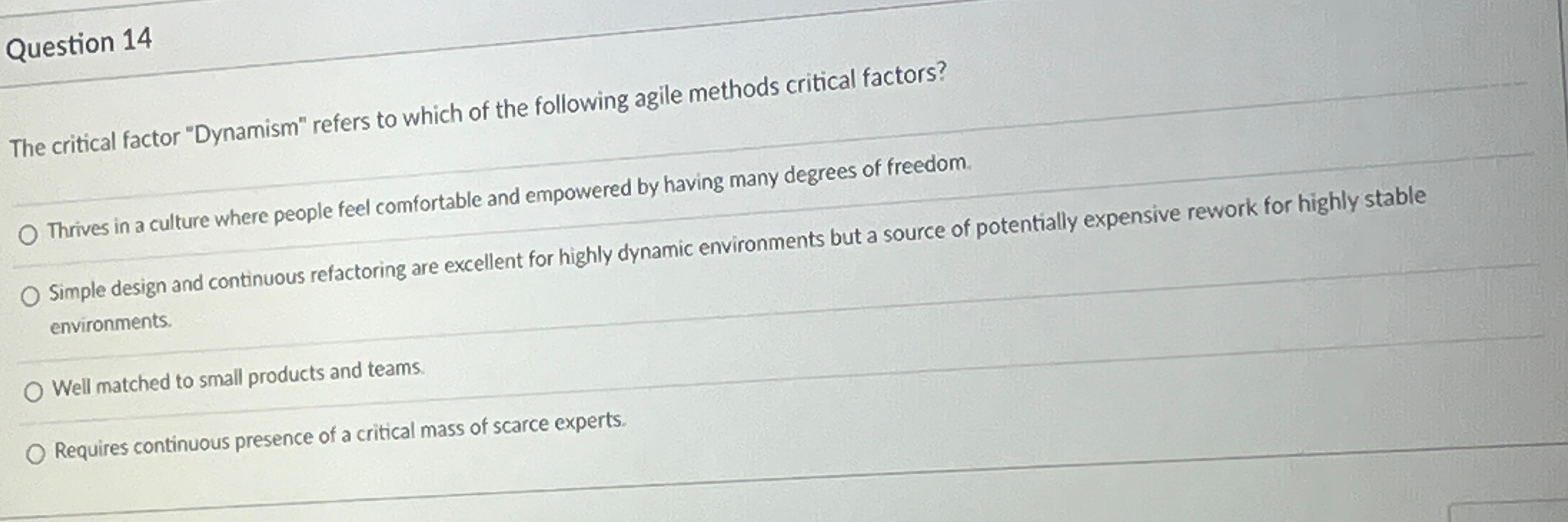  Question 14 The critical factor "Dynamism" refers to which of the