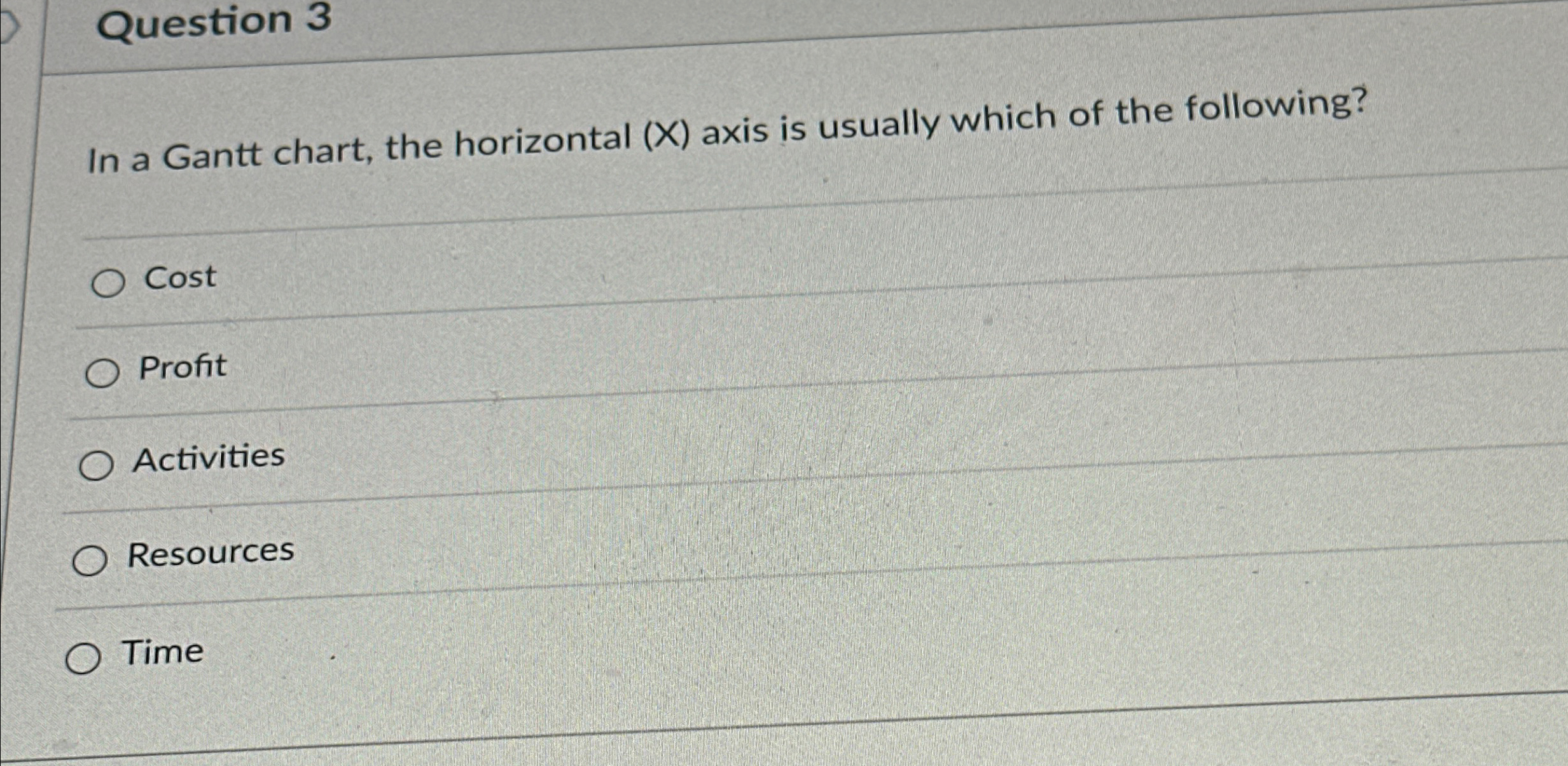  Question 3 In a Gantt chart, the horizontal (x) axis is