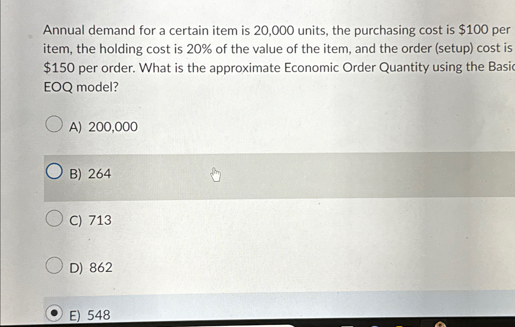  Annual demand for a certain item is 20,000 units, the purchasing
