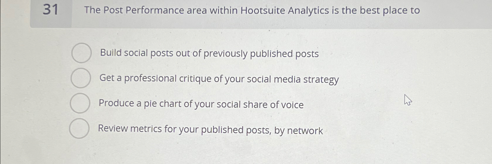  31 The Post Performance area within Hootsuite Analytics is the best