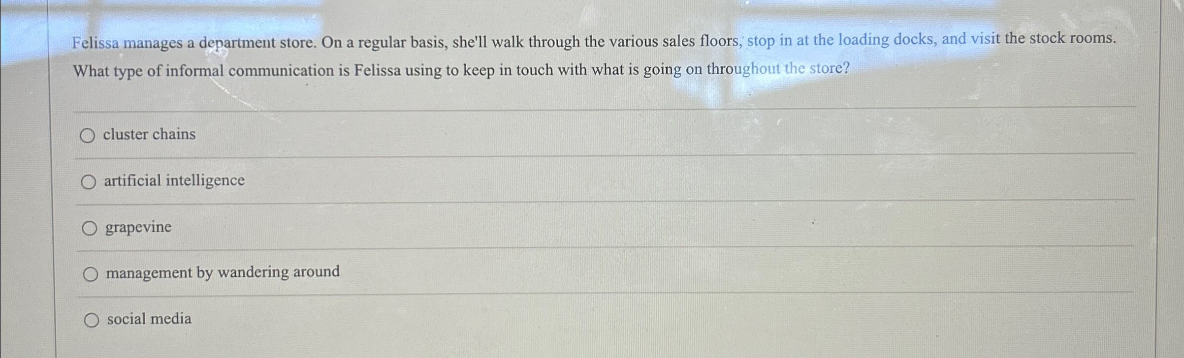  Felissa manages a department store. On a regular basis, she'll walk