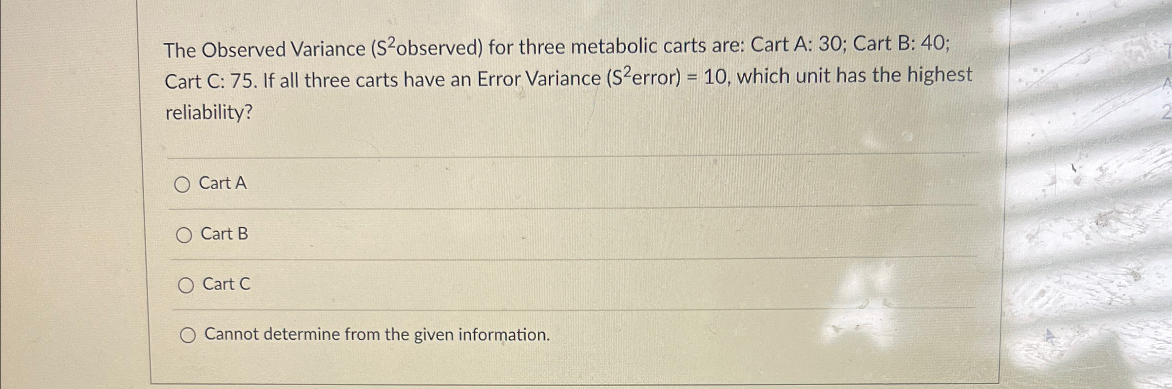  The Observed Variance (S2 observed) for three metabolic carts are: Cart