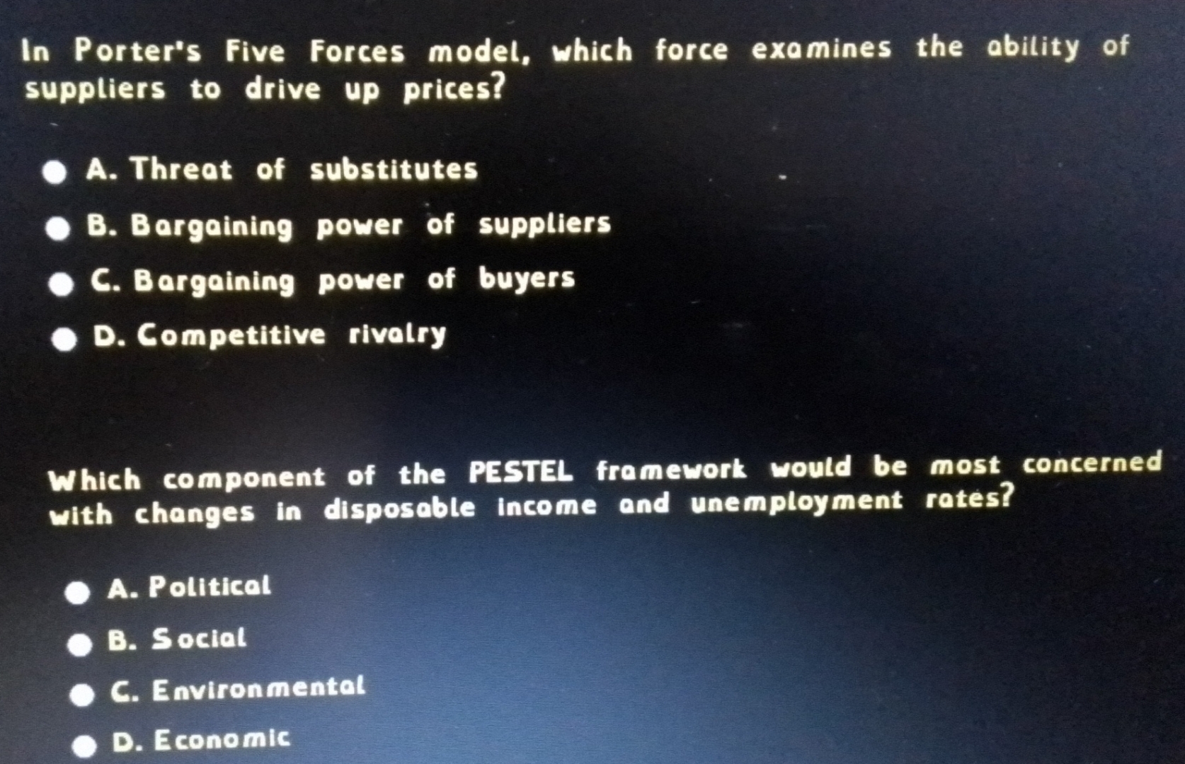  In Porter's Five Forces model, which force examines the ability of