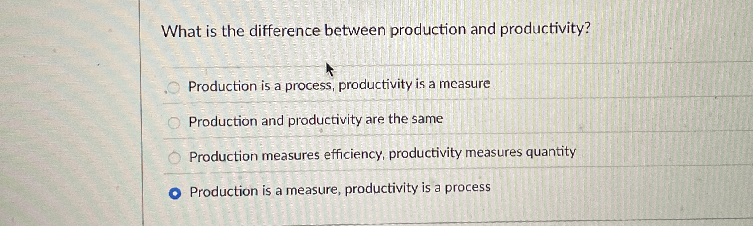  What is the difference between production and productivity? Production is a