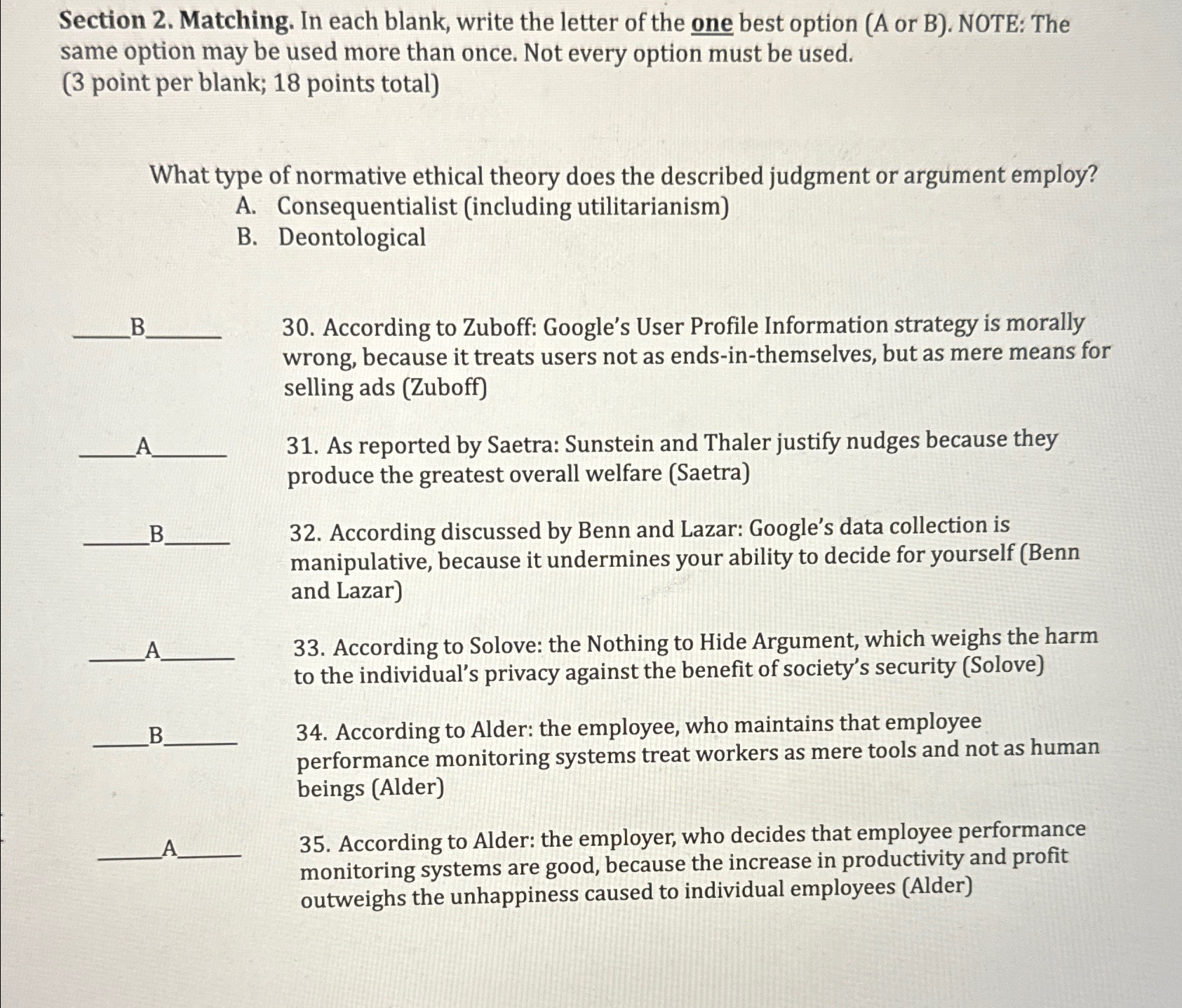  Section 2. Matching. In each blank, write the letter of the