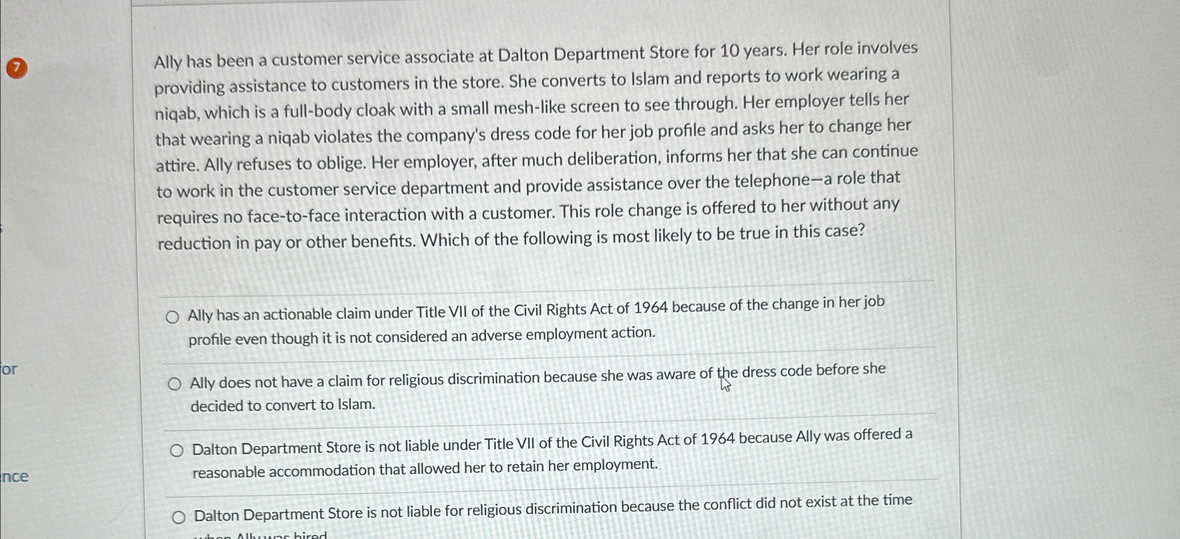  7( Ally has been a customer service associate at Dalton Department