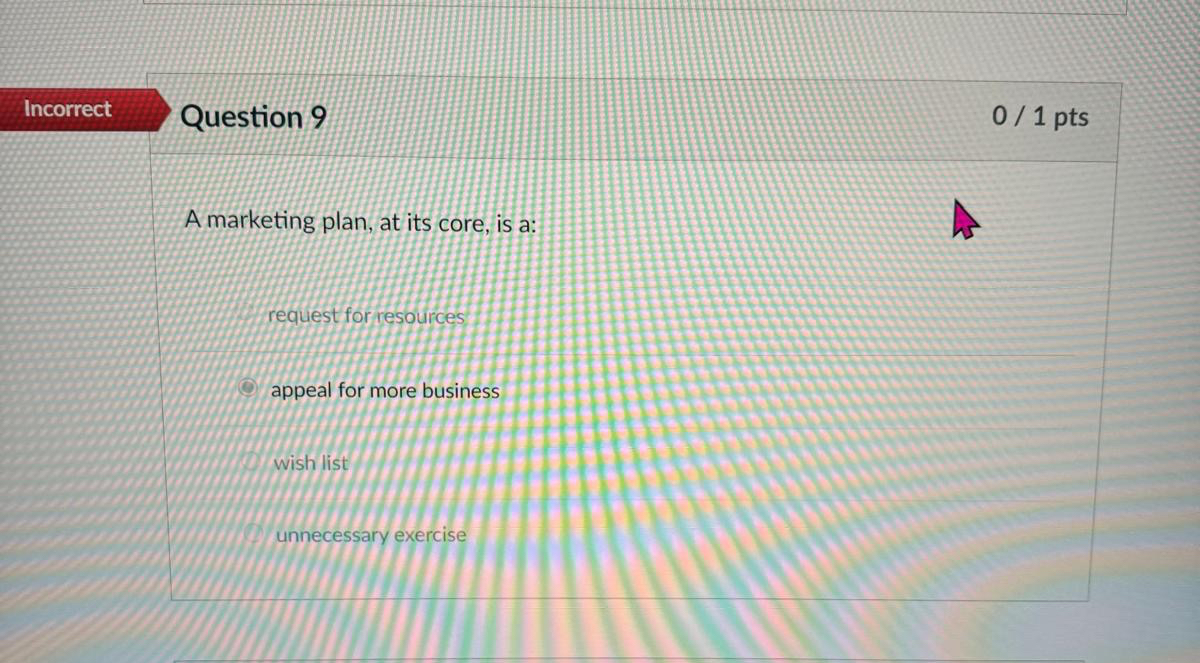 Question 9 01 pts A marketing plan, at its core, is