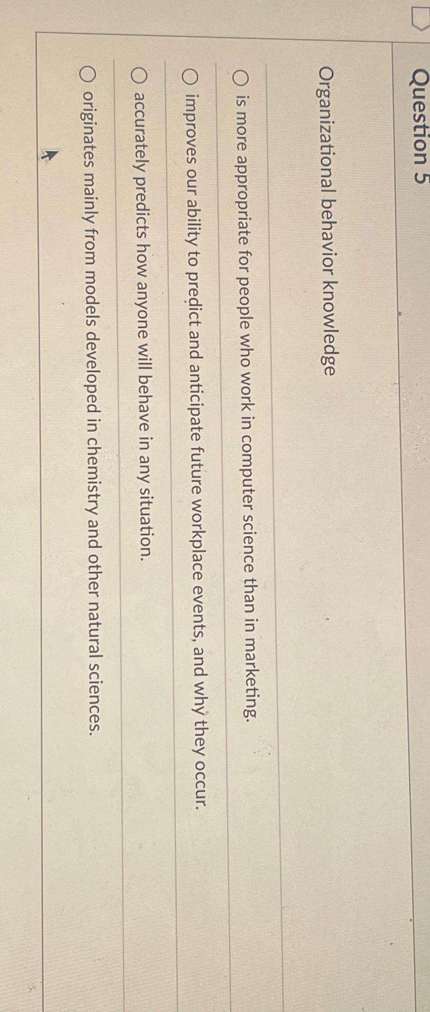  Question 5 Organizational behavior knowledge is more appropriate for people who