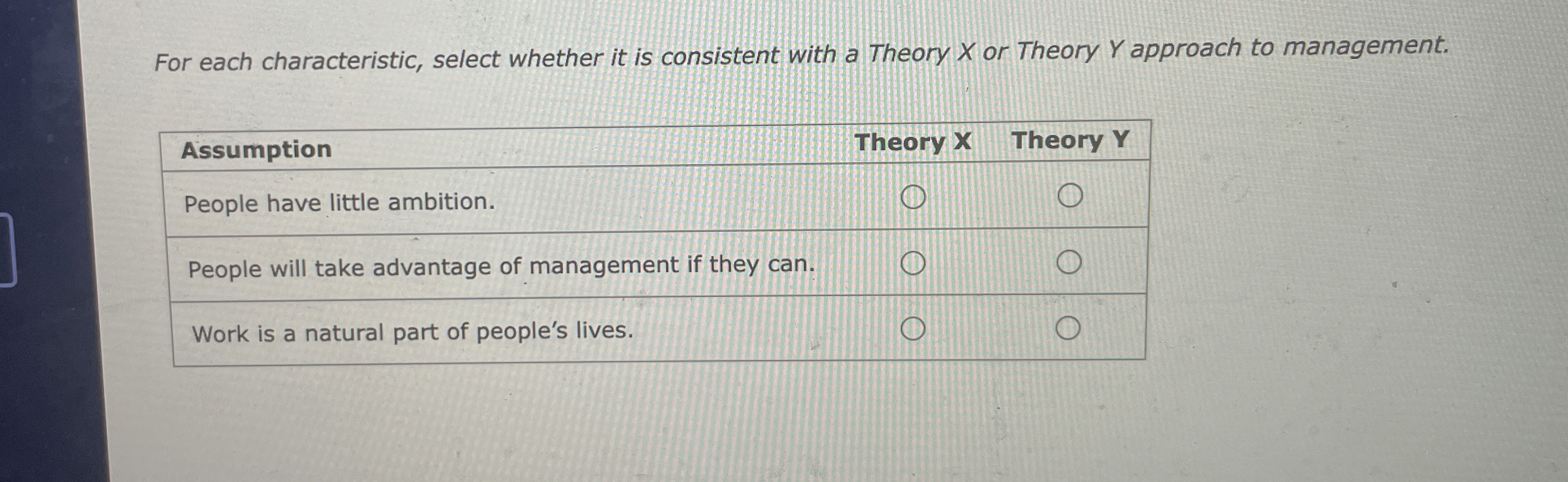  For each characteristic, select whether it is consistent with a Theory