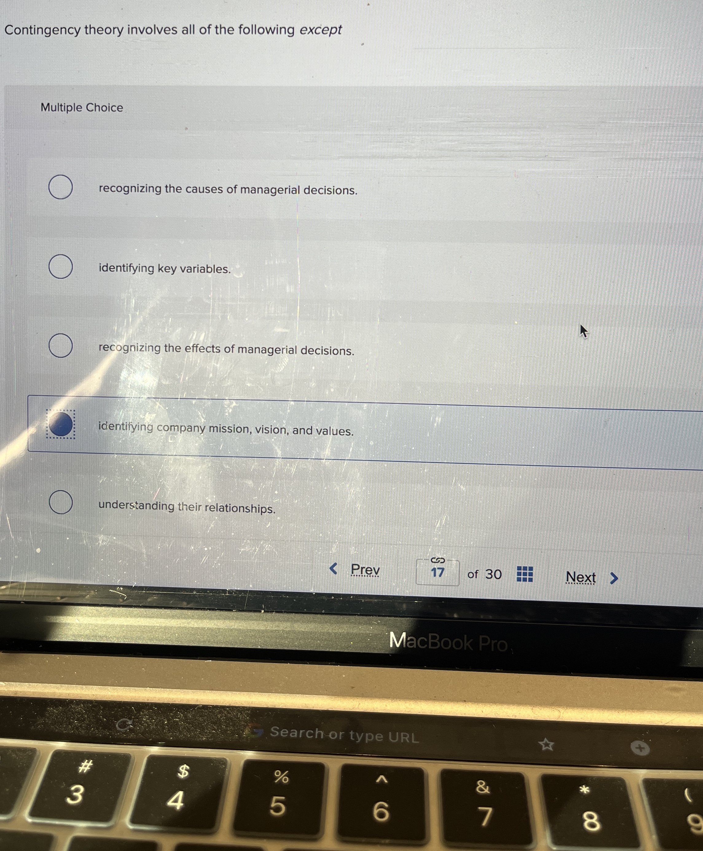  Contingency theory involves all of the following except Multiple Choice recognizing