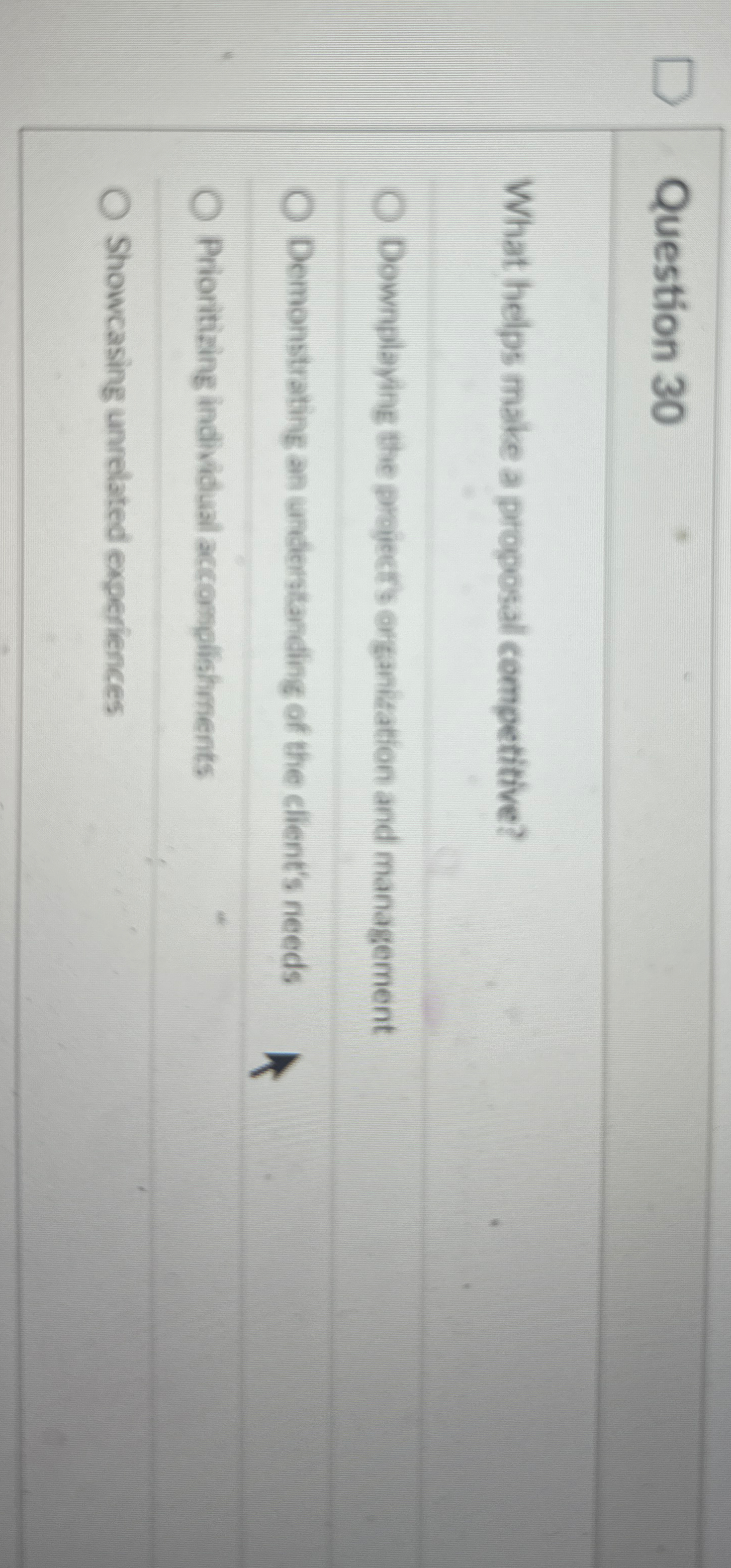  Question 30 What helps make a proposal competitive? Downplaying the proyecrs