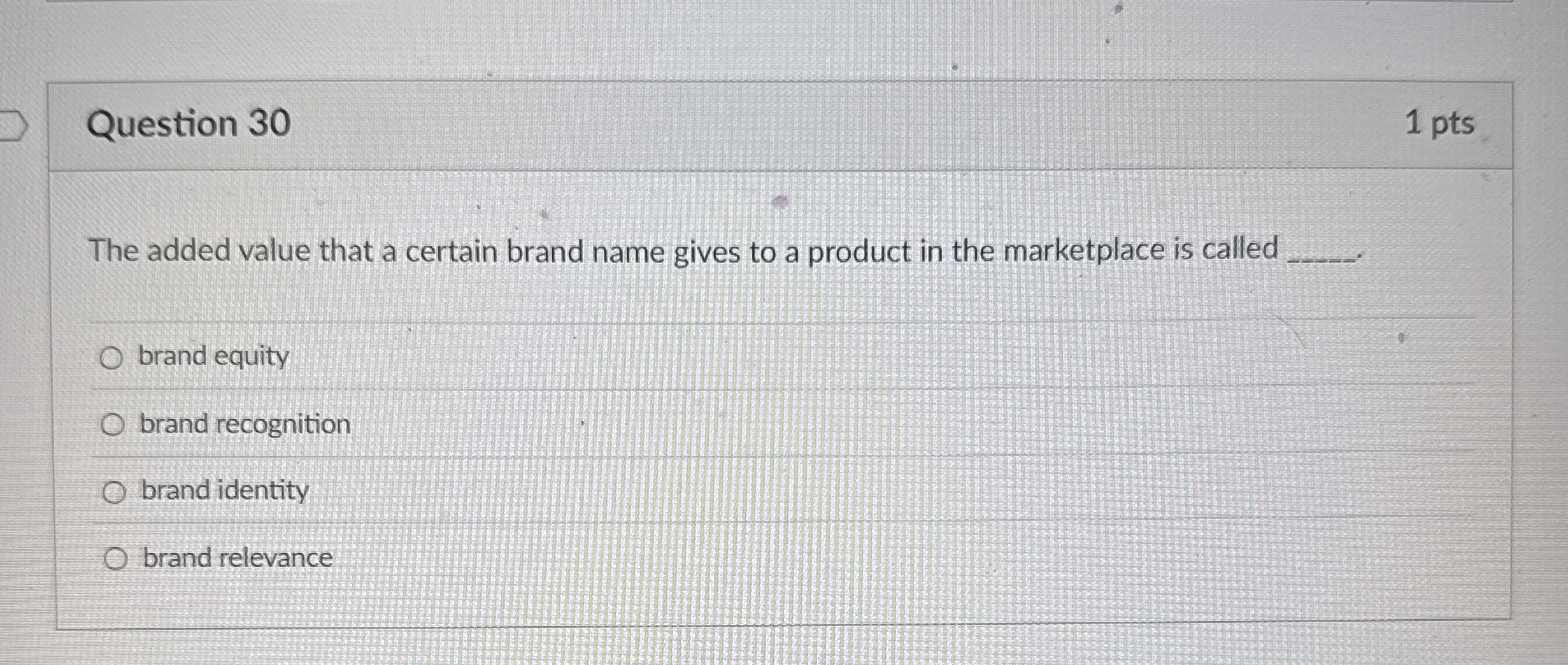  Question 30 The added value that a certain brand name gives