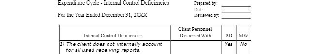  Expenditure Cycle - Internal Control Deficiencies Prepared by: Date: For the