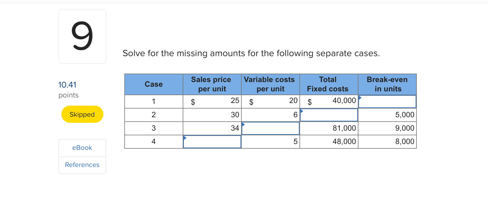  9 10.41 points Skipped eBook References Solve for the missing amounts