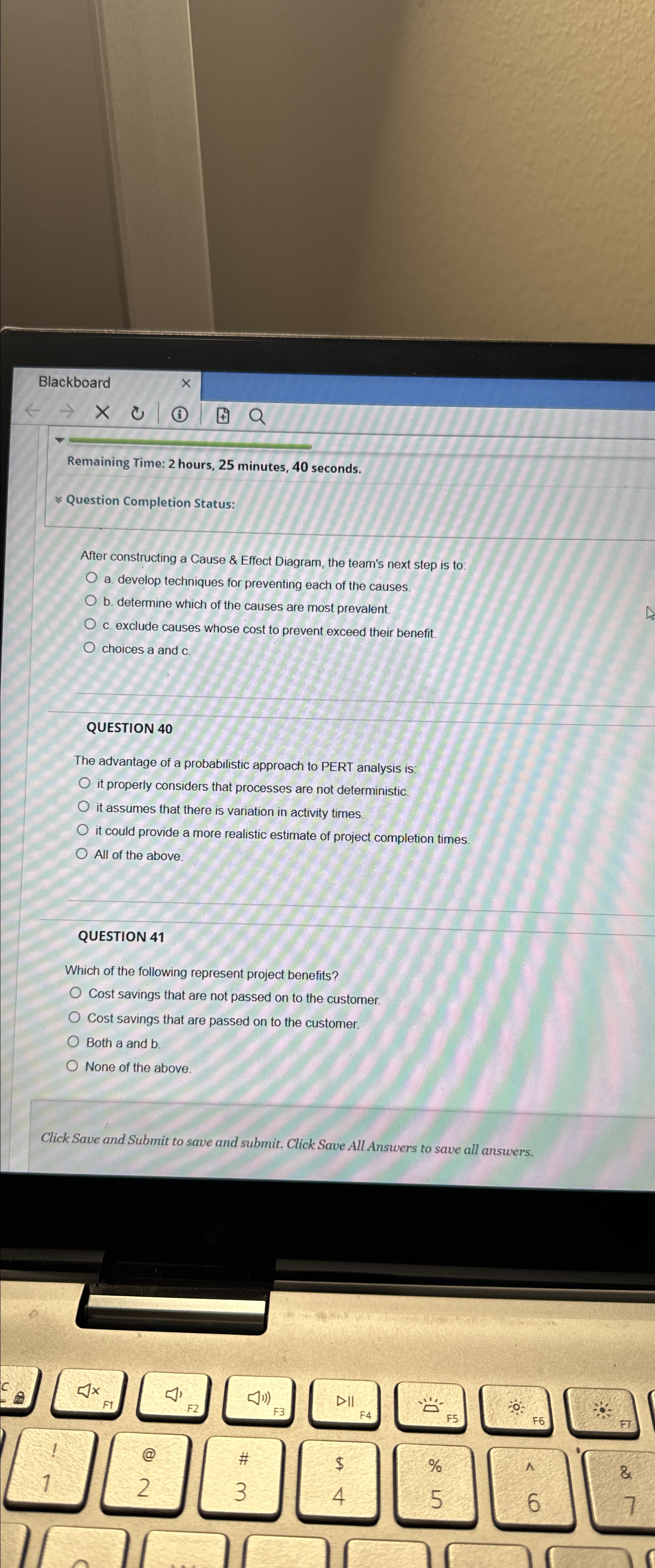  Remaining Time: 2 hours, 25 minutes, 40 seconds. Question Completion Status: