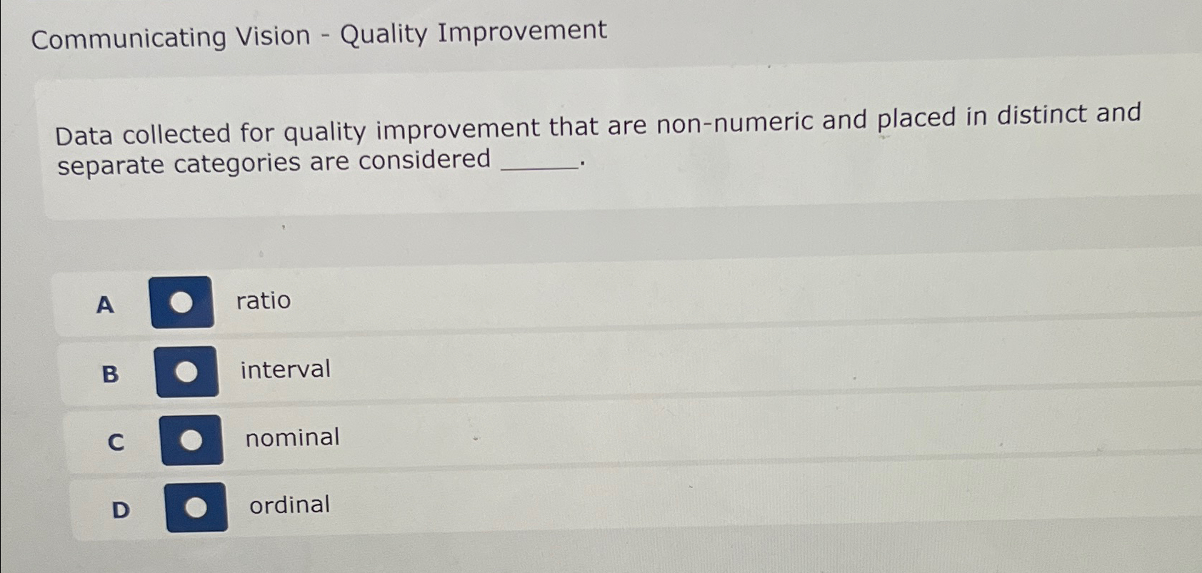  Communicating Vision - Quality Improvement Data collected for quality improvement that