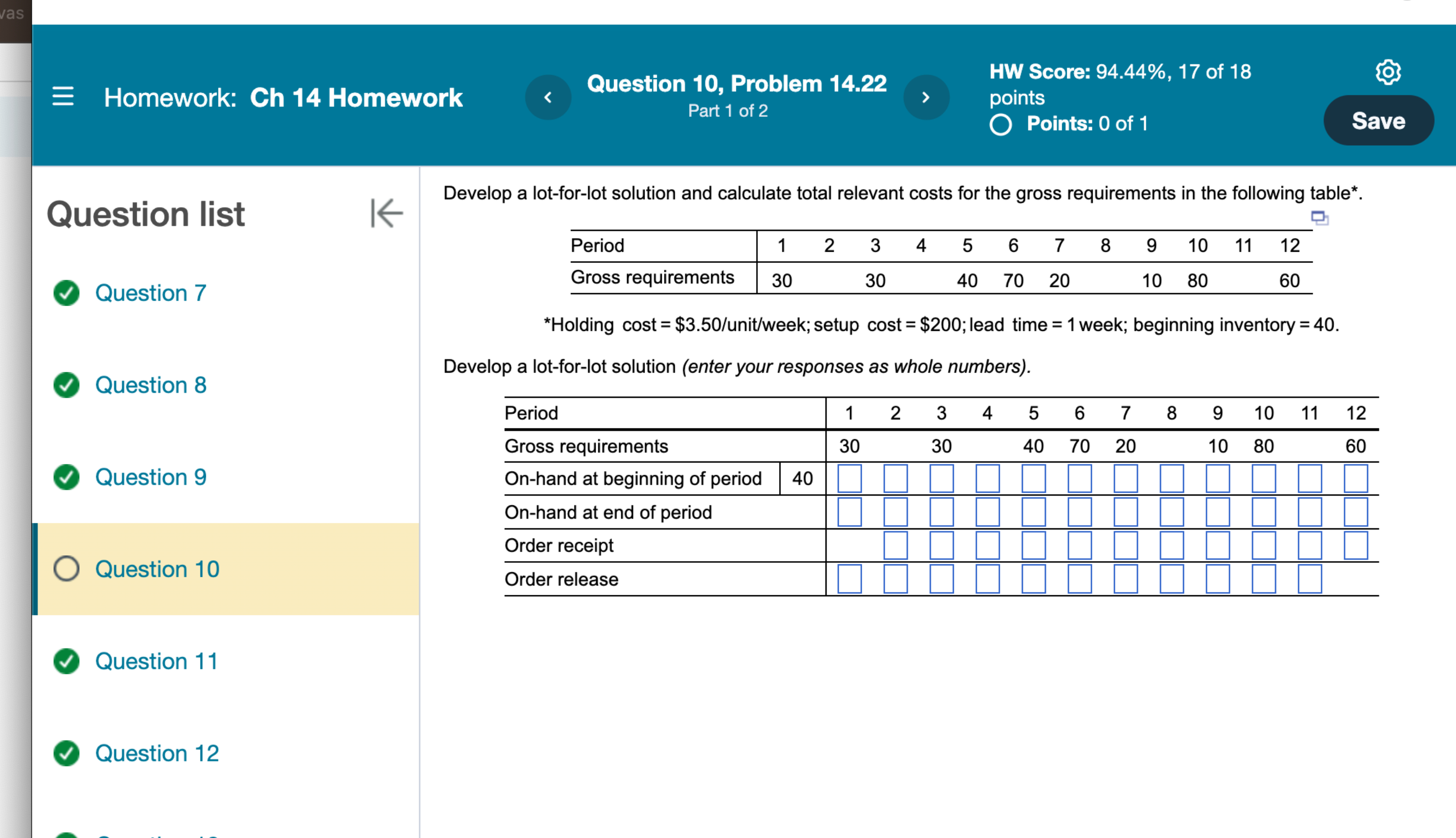  Question 10, Problem 14.22 Part 1 of 2 HW Score: 94.44%,17