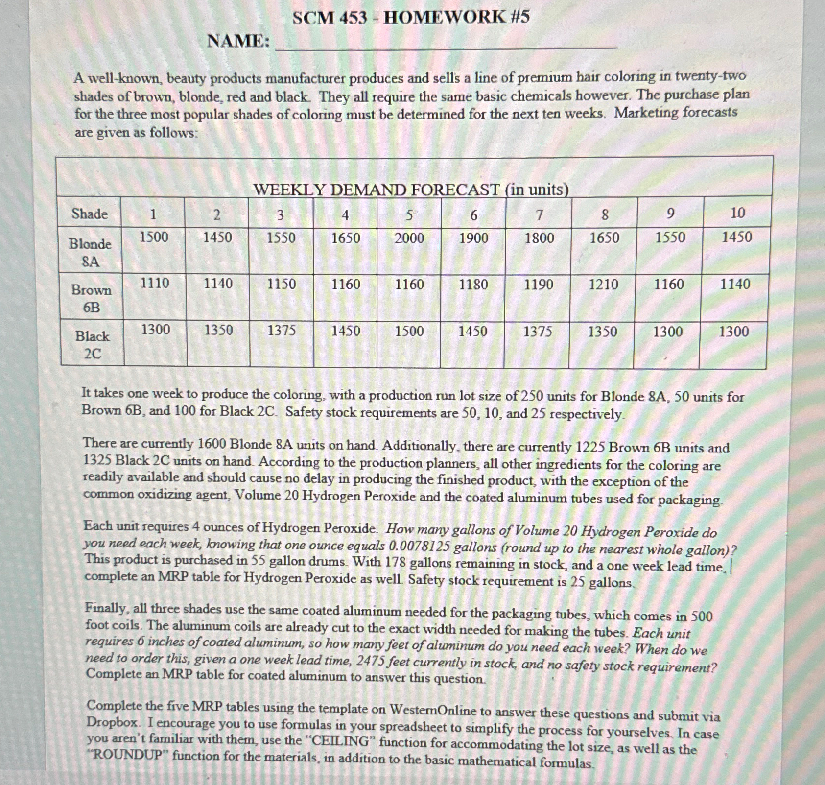  SCM 453- HOMEWORK #5 NAME: q, A well-known, beauty products manufacturer