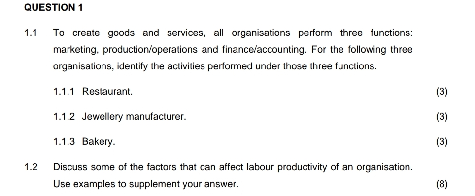  QUESTION 1 1.1 To create goods and services, all organisations perform