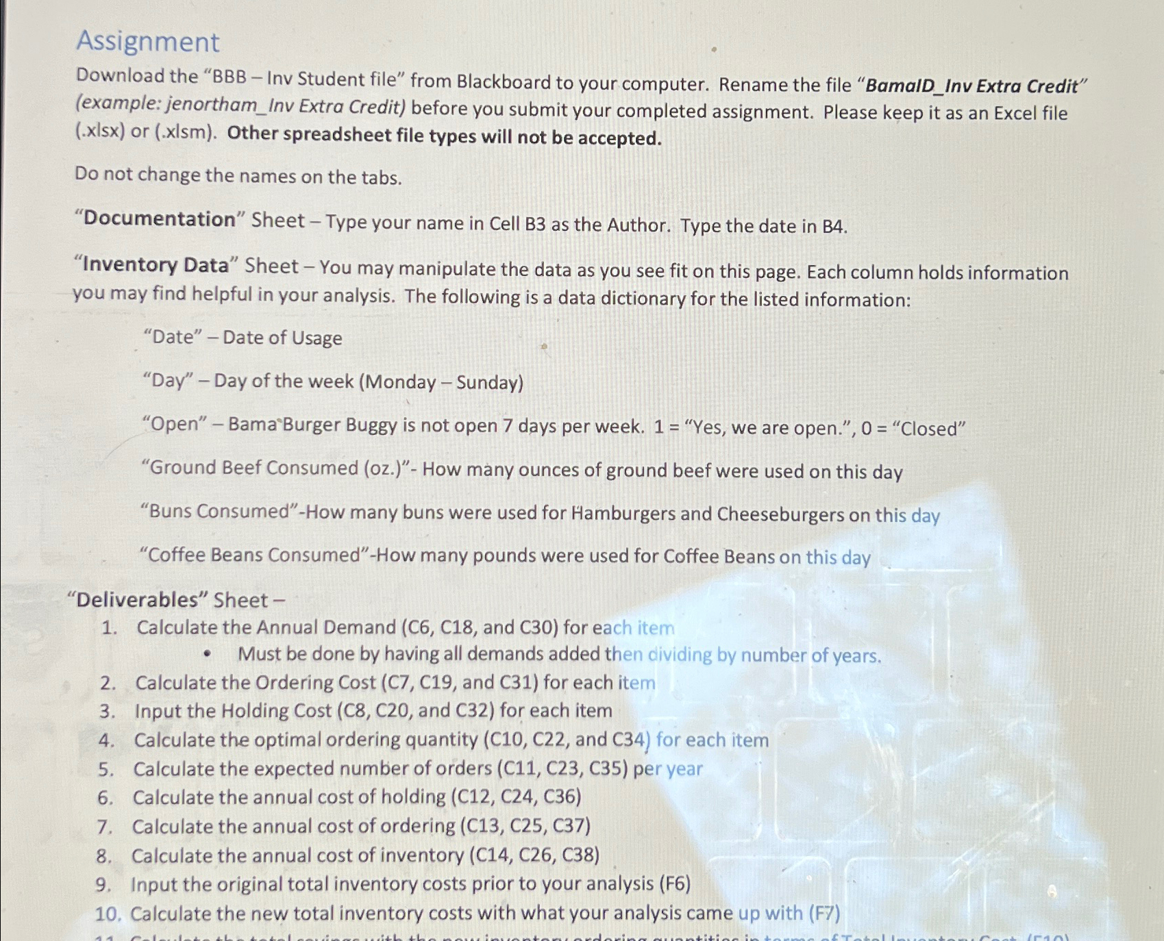  Assignment Download the "BBB - Inv Student file" from Blackboard to