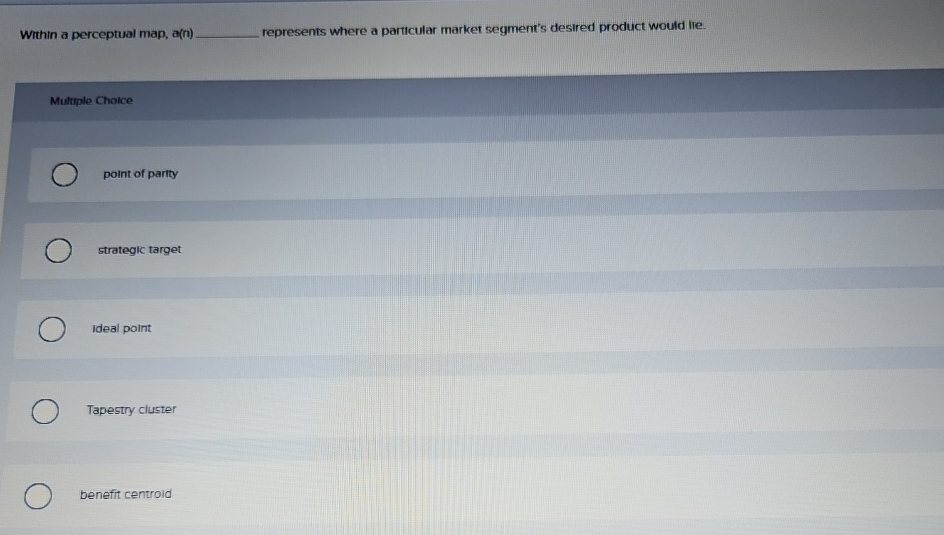  Within a perceptual map, a(n) represents where a particular market segment's