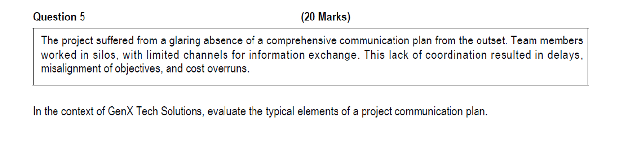  Question 5 (20 Marks) The project suffered from a glaring absence