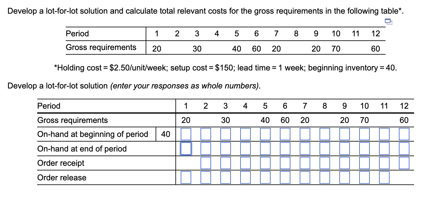  Develop a lot-for-lot solution and calculate total relevant costs for the