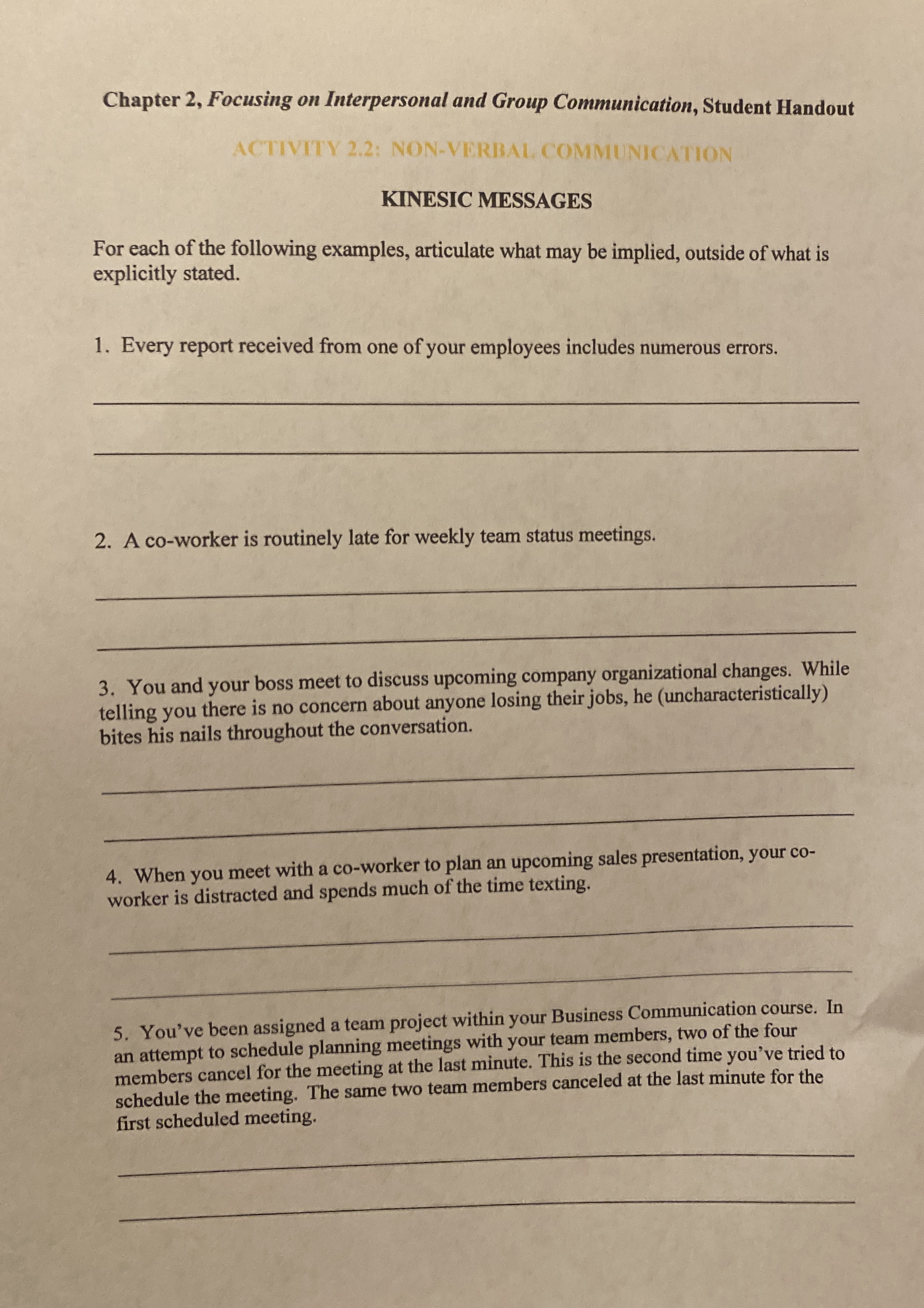  Chapter 2, Focusing on Interpersonal and Group Communication, Student Handout ACTIVITY