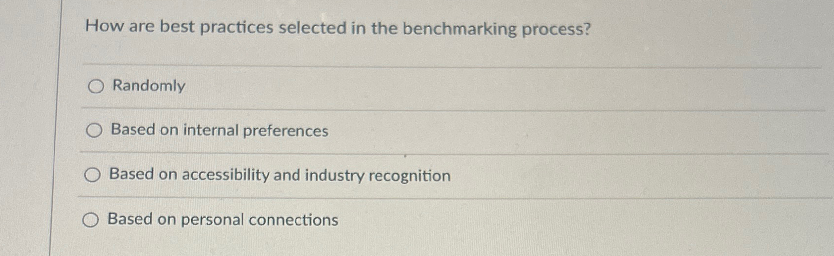  How are best practices selected in the benchmarking process? Randomly Based