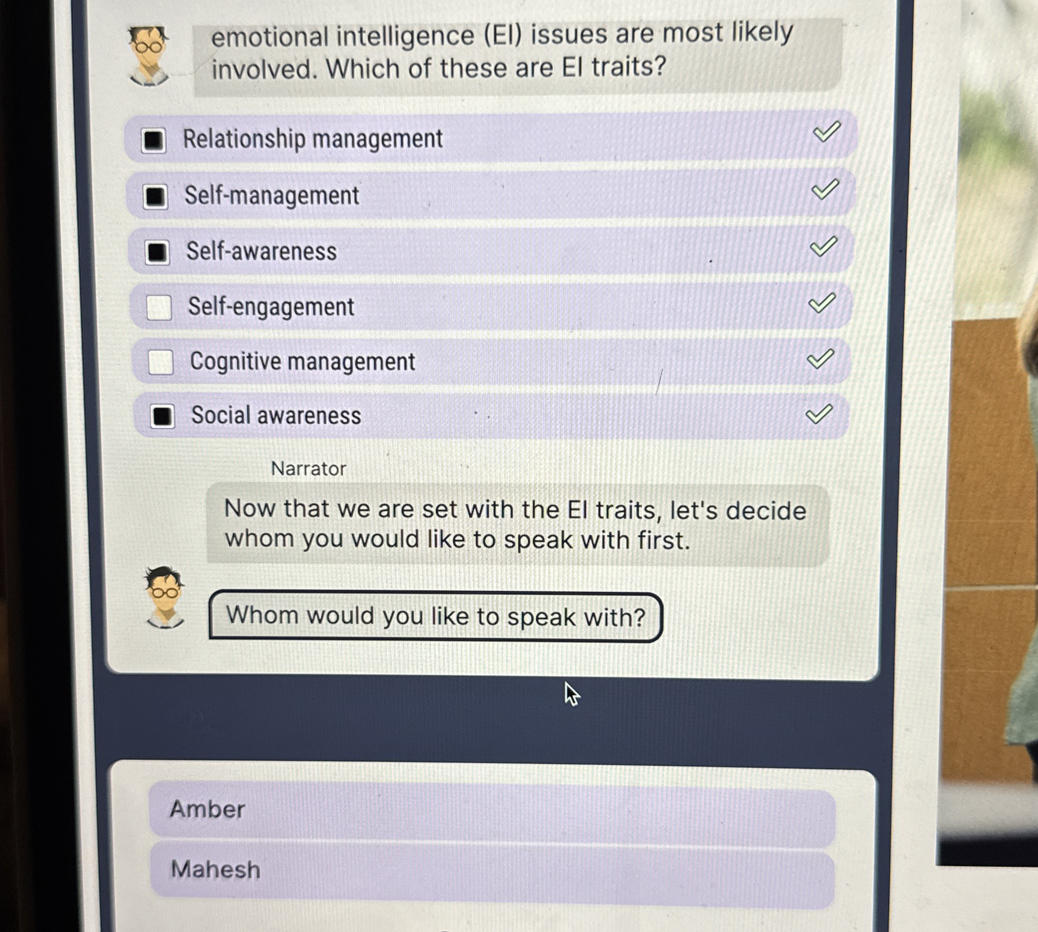  emotional intelligence (EI) issues are most likely involved. Which of these