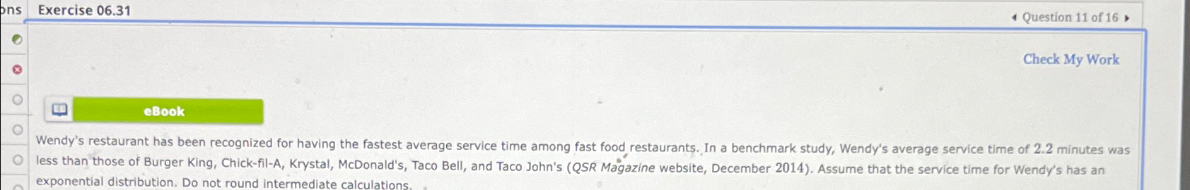  Exercise 06.31 1 Question 11 of 16, Check My Work Wendy's