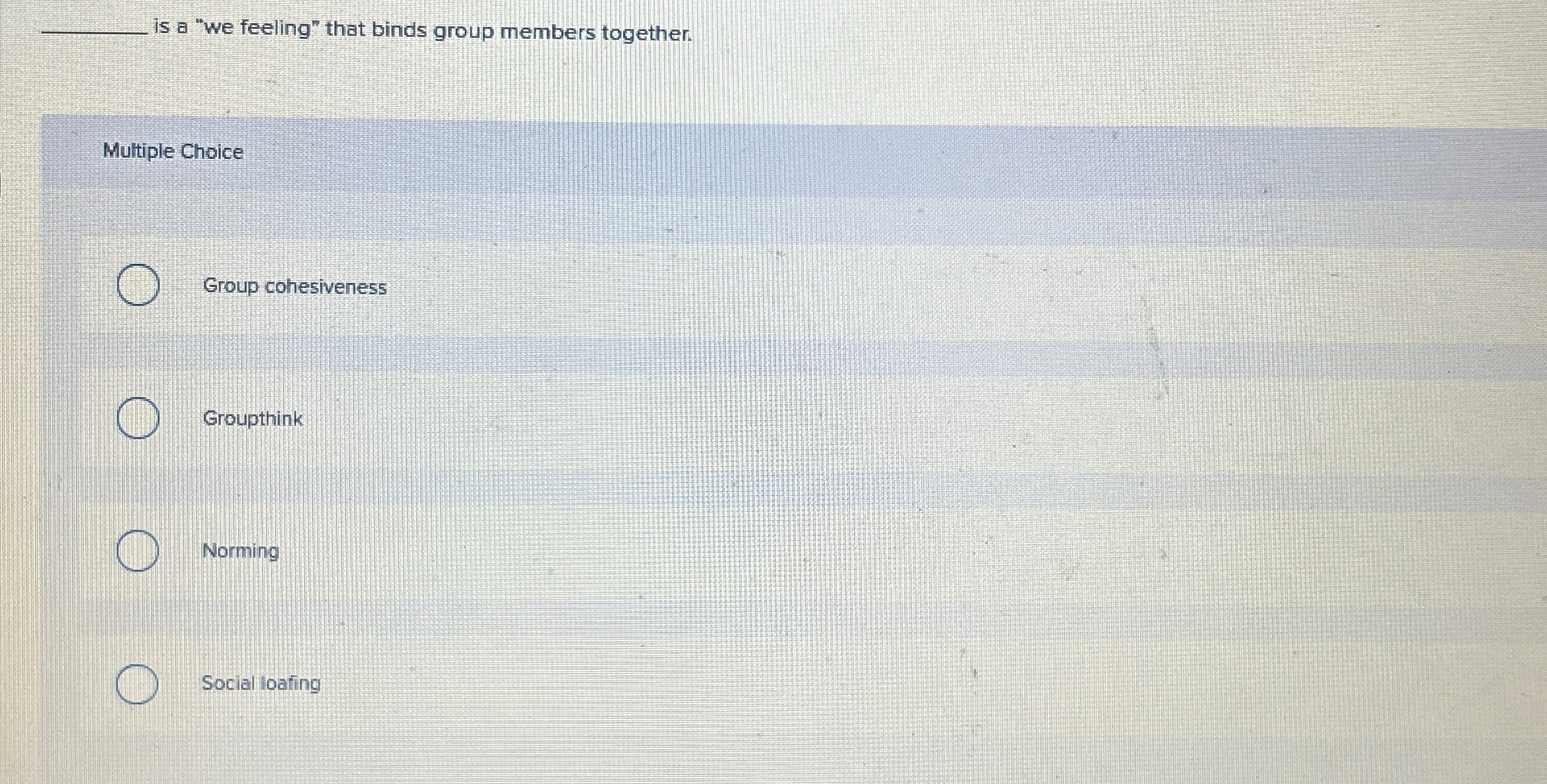  is a "we feeling" that binds group members together. Multiple Choice