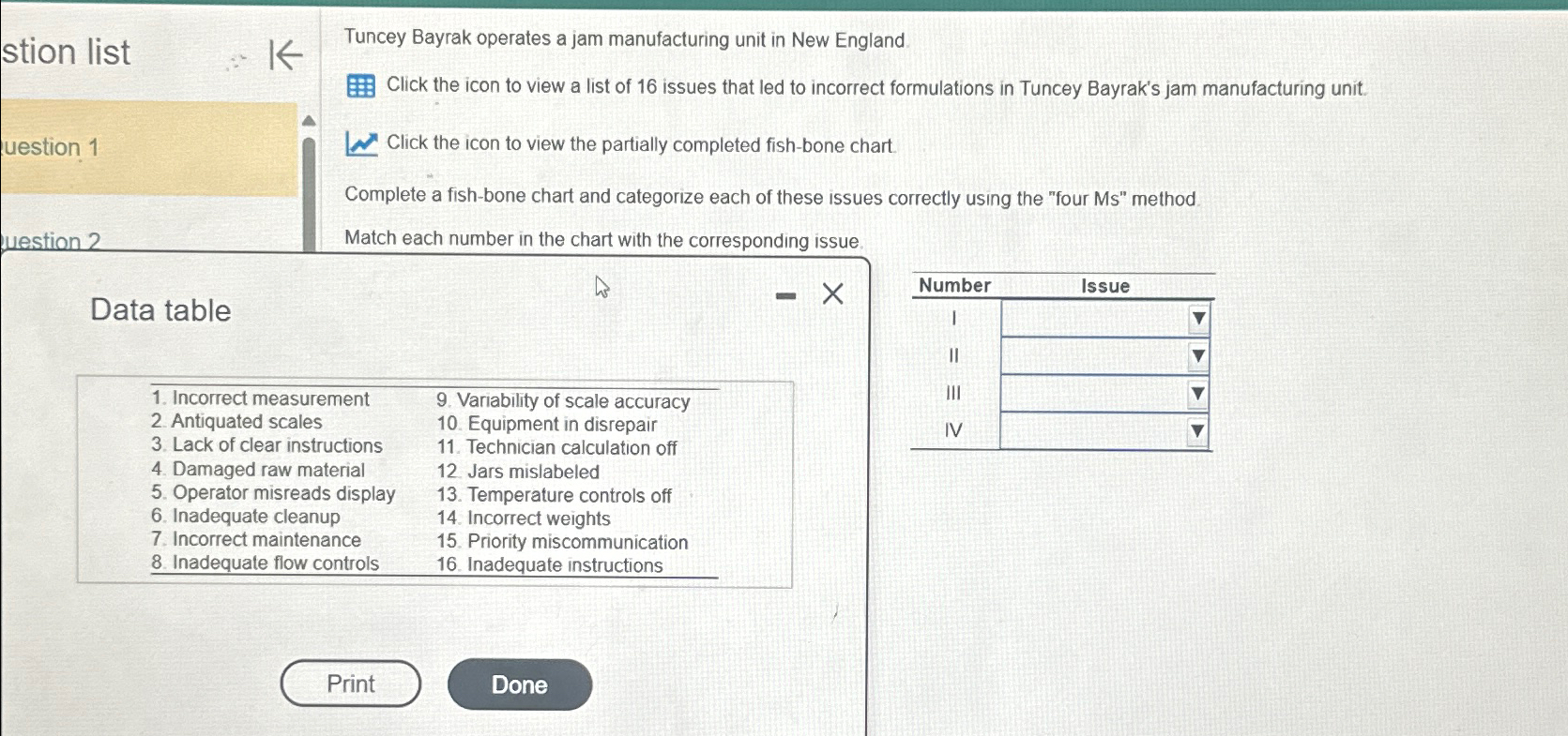  stion list uestion 1 Lestion 2 Data table \table[[1. Incorrect measurement,9.