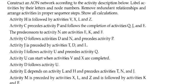  Construct an AON network according to the activity description below. Label