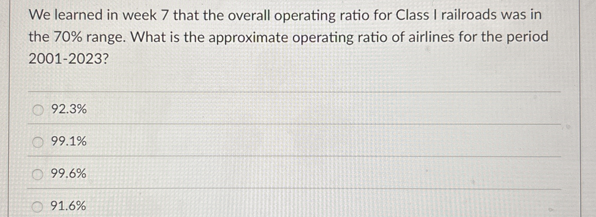  We learned in week 7 that the overall operating ratio for