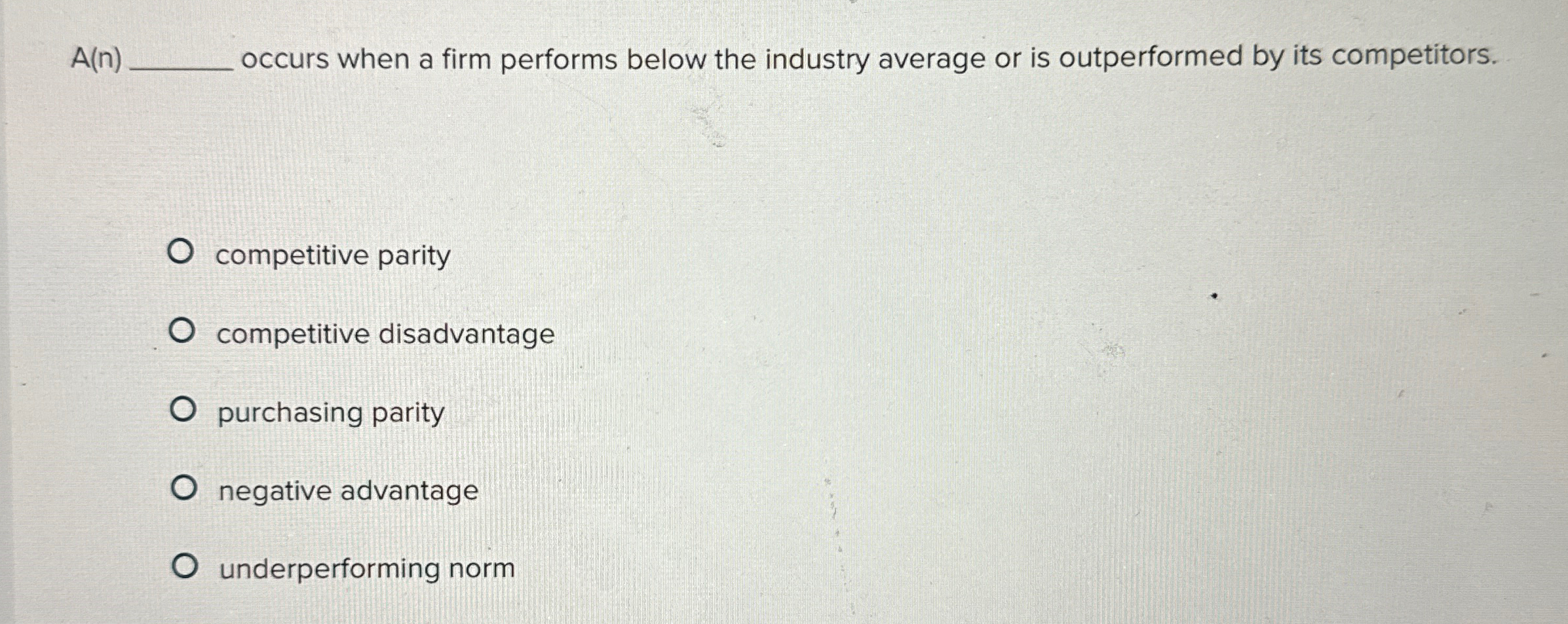  A(n) occurs when a firm performs below the industry average or