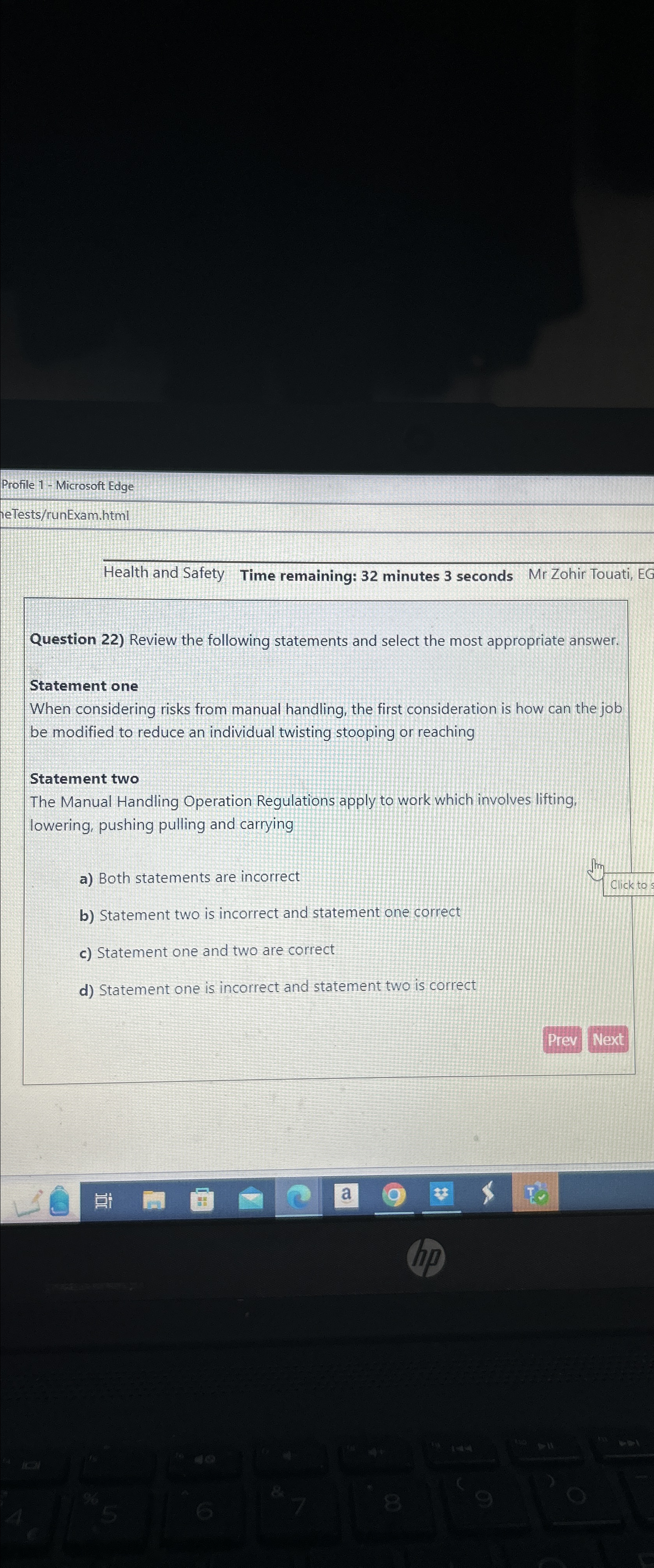  Profile 1- Microsoft Edge ieTests/runExam.html Health and Safety Time remaining: 32