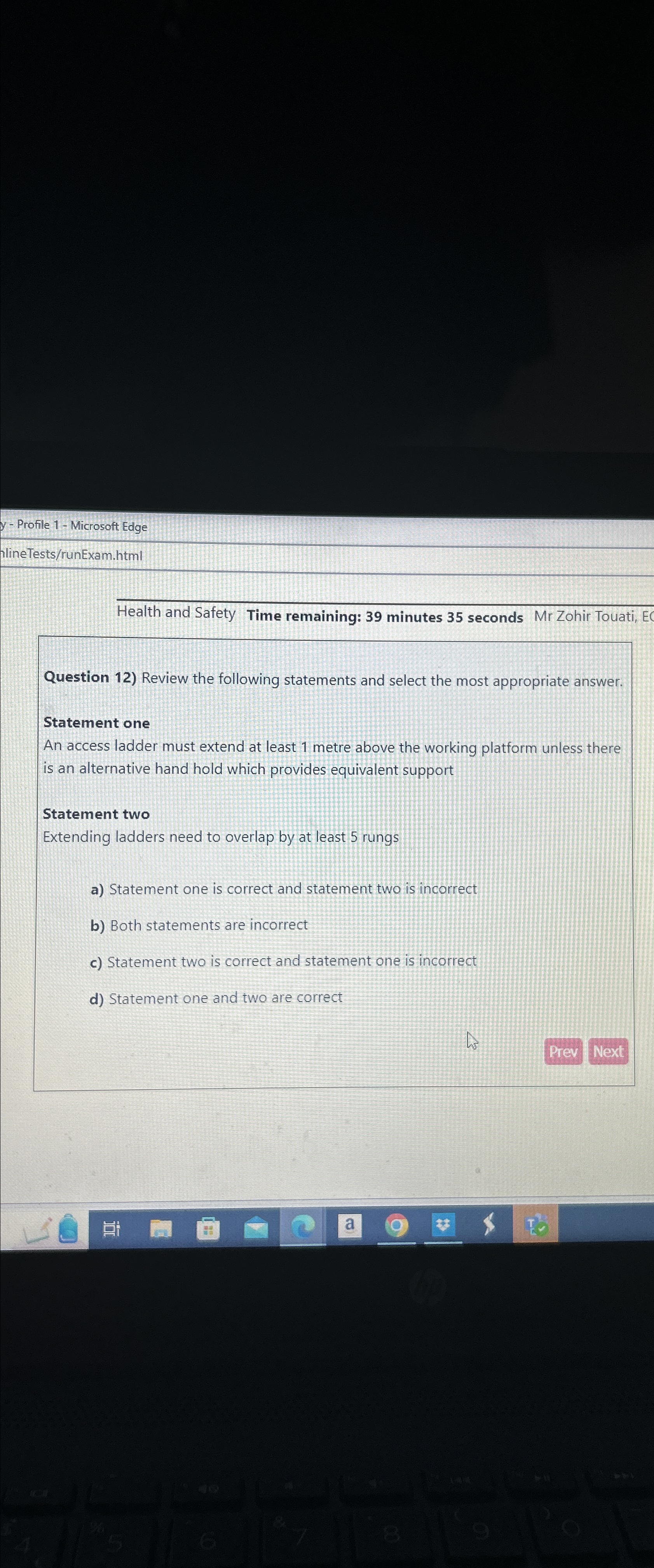  y- Profile 1- Microsoft Edge lineTests/runExam.html Health and Safety Time remaining: