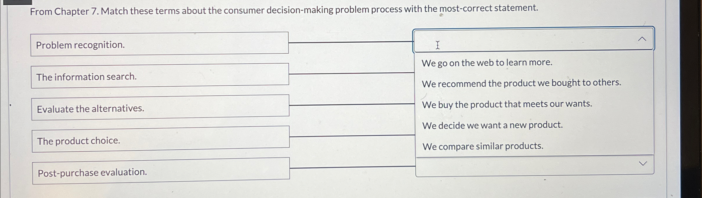  From Chapter 7. Match these terms about the consumer decision-making problem