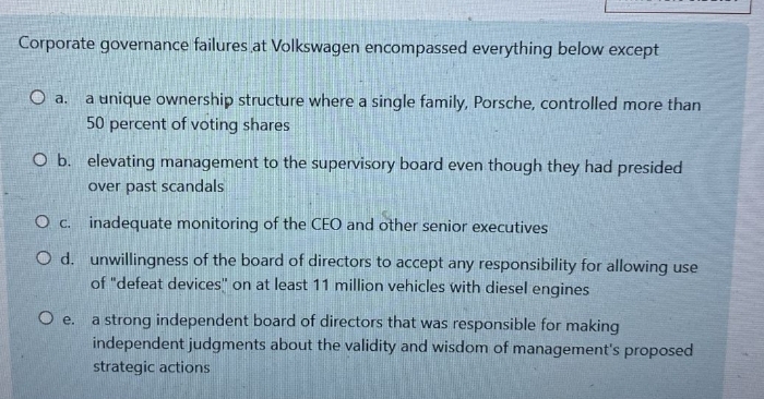  Corporate governance failures at Volkswagen encompassed everything below except a. a
