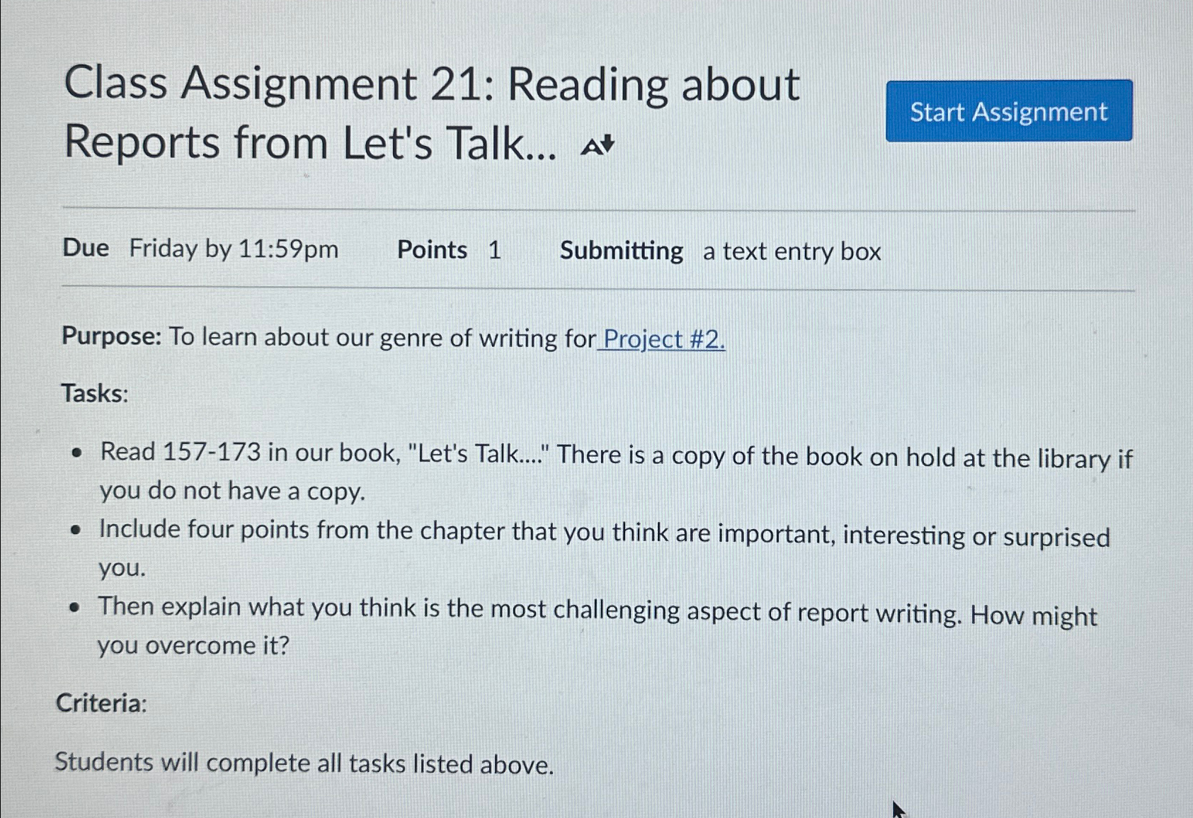  Class Assignment 21: Reading about Reports from Let's Talk... Due Friday