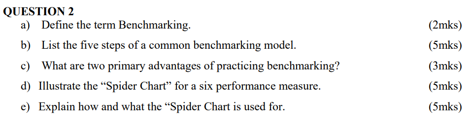  QUESTION 2 a) Define the term Benchmarking. (2mks) b) List the
