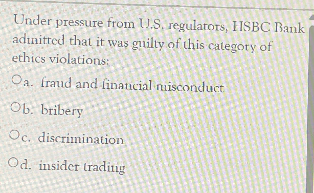  Under pressure from U.S. regulators, HSBC Bank admitted that it was