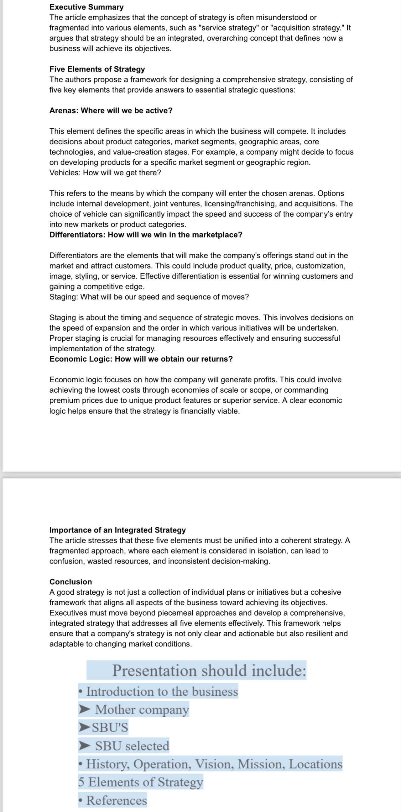  Executive Summary The article emphasizes that the concept of strategy is