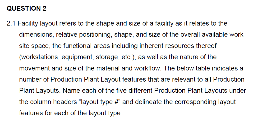  QUESTION 2 2.1 Facility layout refers to the shape and size
