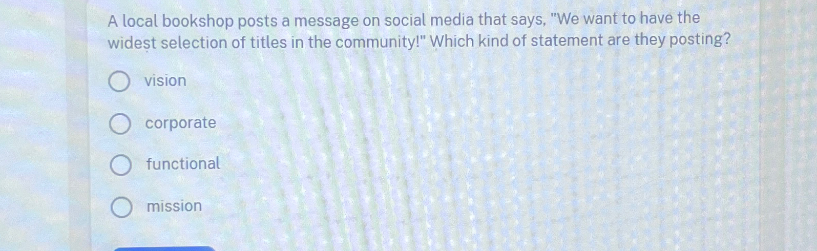  A local bookshop posts a message on social media that says,