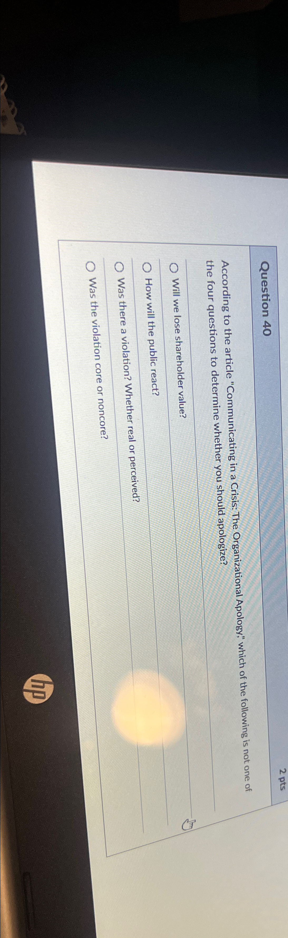  Question 40 2 pts According to the article "Communicating in a