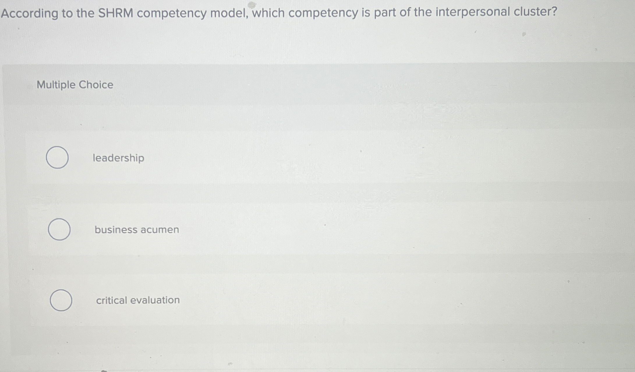  According to the SHRM competency model, which competency is part of