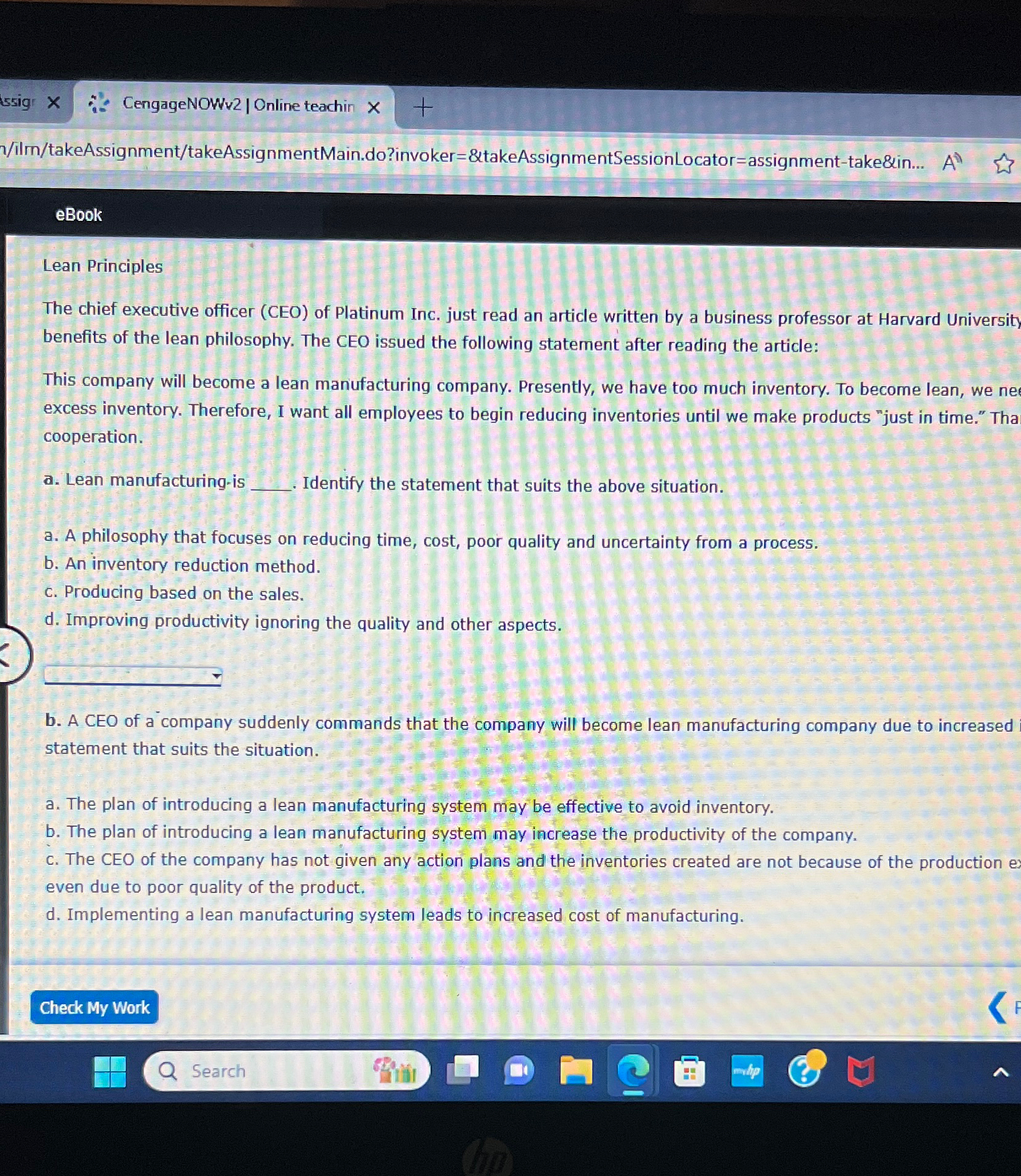  CengageNOWv2| Online teachin a/ilm/takeAssignment/takeAssignmentMain.do?invoker=&takeAssignmentSessionLocator=assignment-take&in... eBook Lean Principles The chief executive officer