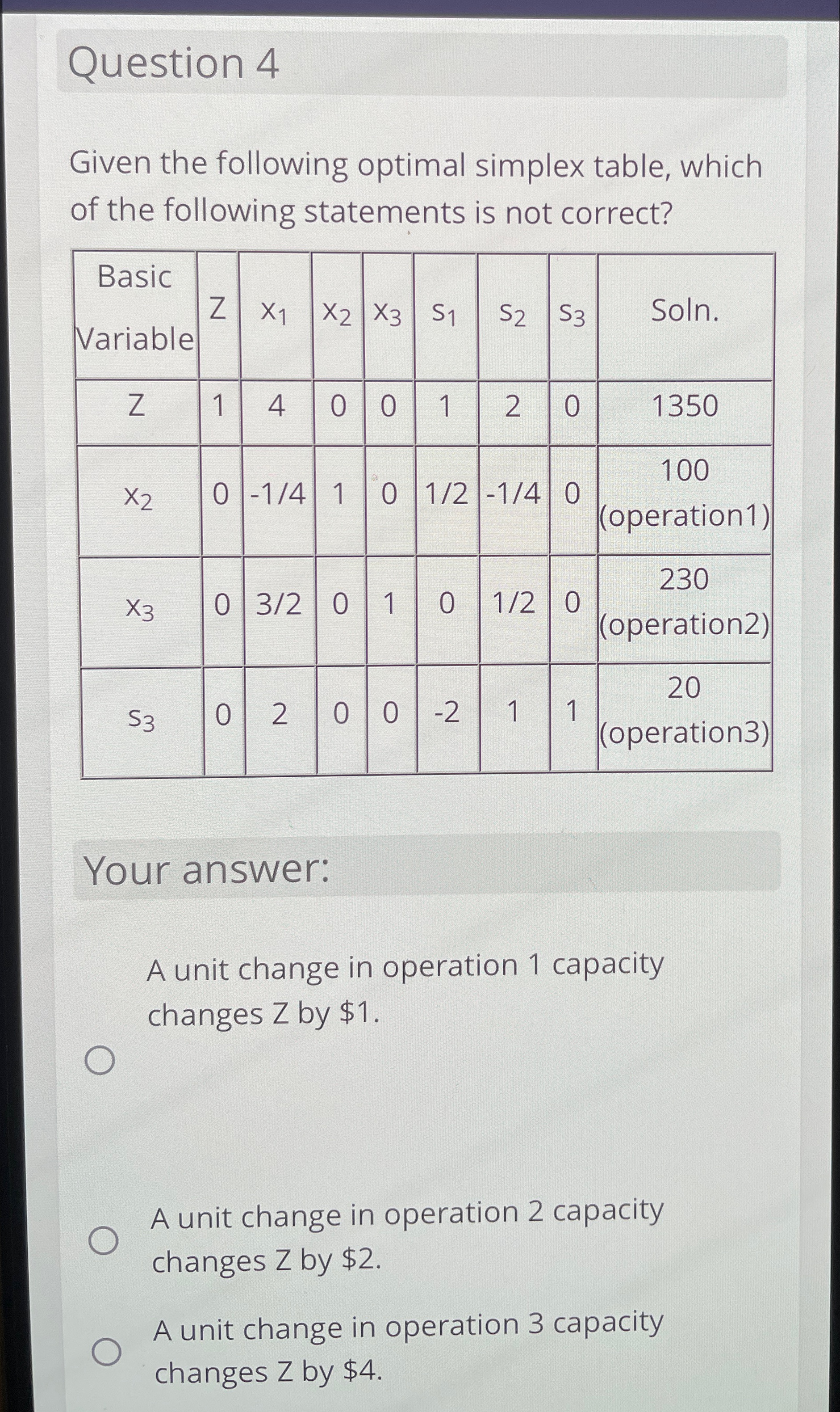  Question 4 Given the following optimal simplex table, which of the